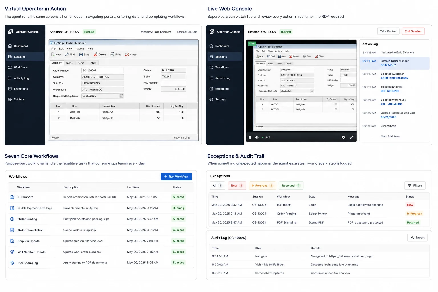 Operator Console showing the virtual operator's live desktop stream and synchronized action log