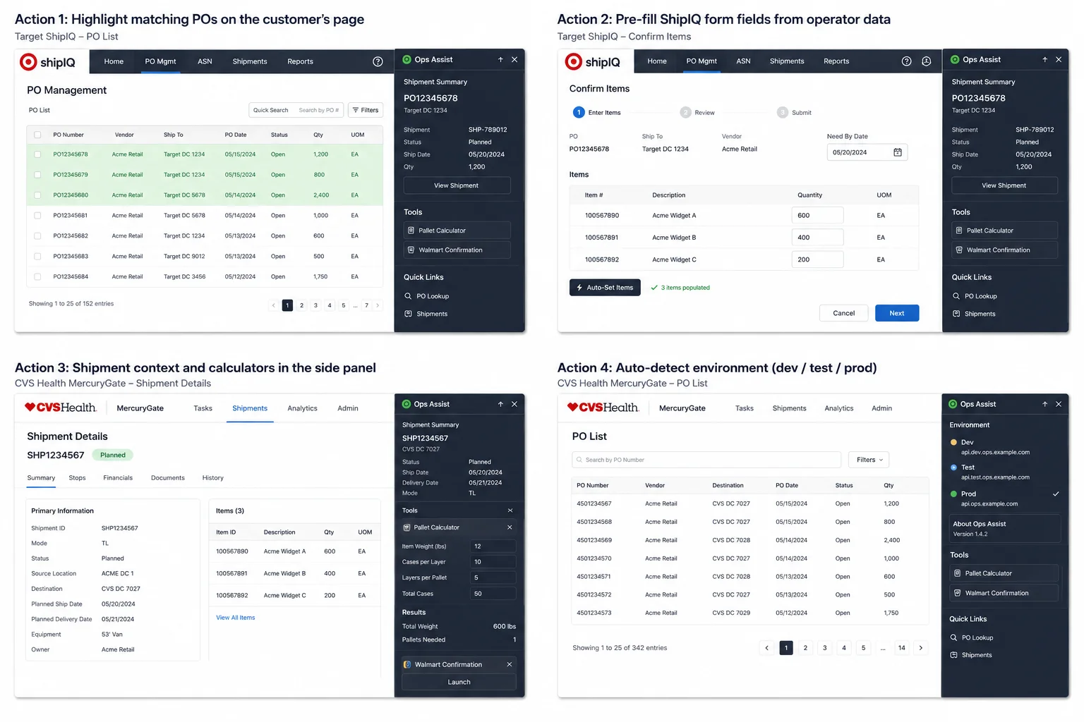 Chrome extension active inside ShipIQ and Amazon Vendor Central, highlighting matching POs and surfacing shipment data in a side panel
